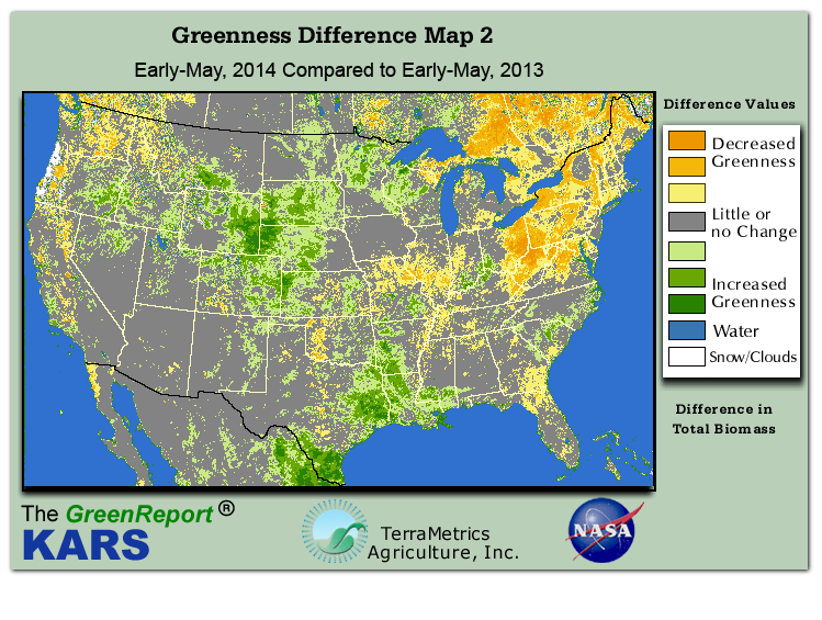 Color-coded U.S. vegetation greeness index map for Period 18 of 2014, illustrating spatial variations in plant vigor, with greener tones indicating higher biomass and browner tones indicating stressed vegetation,
              comparing current crop/vegetation change in biomass to same period from the previous year.