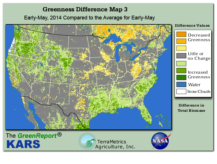 Color-coded U.S. vegetation greeness index map for Period 18 of 2014, illustrating spatial variations in plant vigor, with greener tones indicating higher biomass and browner tones indicating stressed vegetation,
              comparing current crop/vegetation change in biomass to the 20-year greenness average.