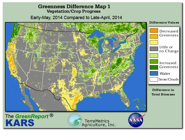 Color-coded U.S. vegetation greeness index map for Period 19 of 2014, illustrating spatial variations in plant vigor, with greener tones indicating higher biomass and browner tones indicating stressed vegetation,
              comparing current crop/vegetation change in biomass to the previous week within the same year.