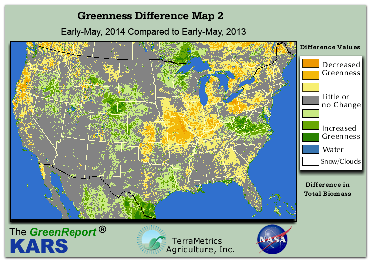 Color-coded U.S. vegetation greeness index map for Period 19 of 2014, illustrating spatial variations in plant vigor, with greener tones indicating higher biomass and browner tones indicating stressed vegetation,
              comparing current crop/vegetation change in biomass to same period from the previous year.