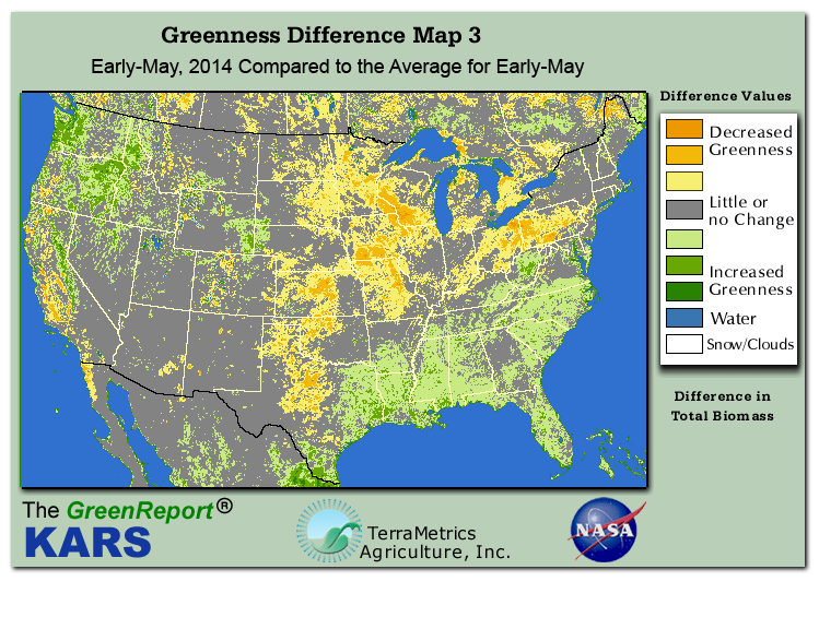 Color-coded U.S. vegetation greeness index map for Period 19 of 2014, illustrating spatial variations in plant vigor, with greener tones indicating higher biomass and browner tones indicating stressed vegetation,
              comparing current crop/vegetation change in biomass to the 20-year greenness average.
