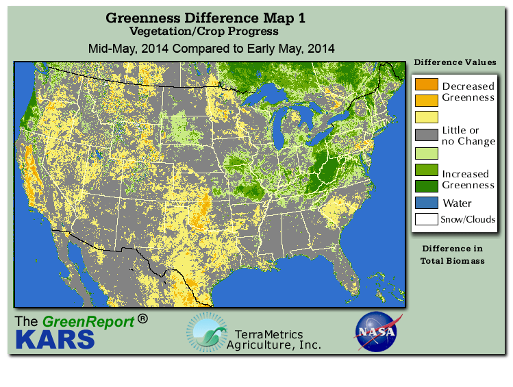 Color-coded U.S. vegetation greeness index map for Period 20 of 2014, illustrating spatial variations in plant vigor, with greener tones indicating higher biomass and browner tones indicating stressed vegetation,
              comparing current crop/vegetation change in biomass to the previous week within the same year.