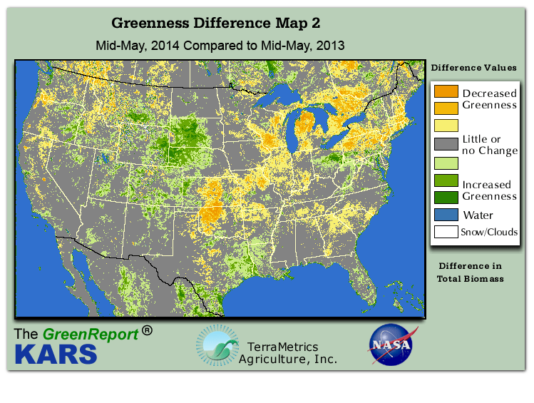 Color-coded U.S. vegetation greeness index map for Period 20 of 2014, illustrating spatial variations in plant vigor, with greener tones indicating higher biomass and browner tones indicating stressed vegetation,
              comparing current crop/vegetation change in biomass to same period from the previous year.