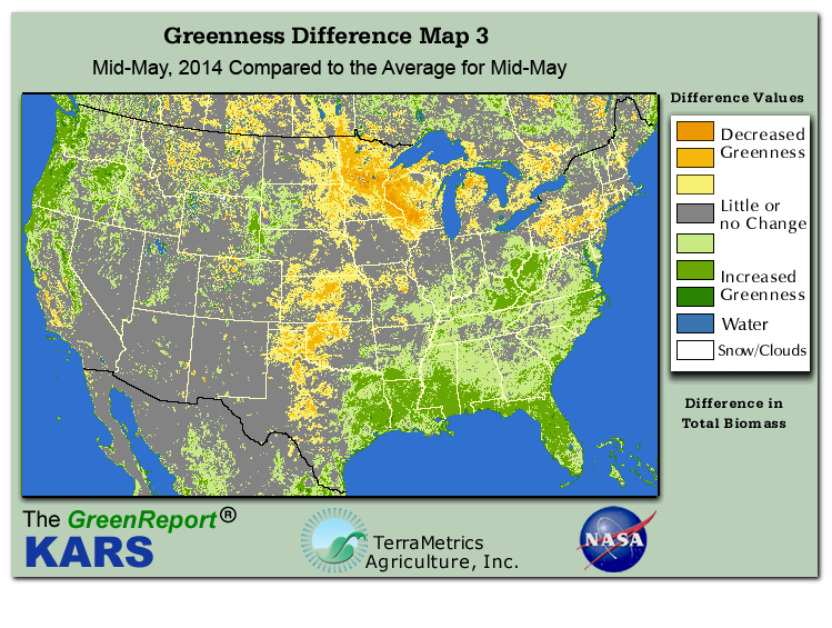 Color-coded U.S. vegetation greeness index map for Period 20 of 2014, illustrating spatial variations in plant vigor, with greener tones indicating higher biomass and browner tones indicating stressed vegetation,
              comparing current crop/vegetation change in biomass to the 20-year greenness average.