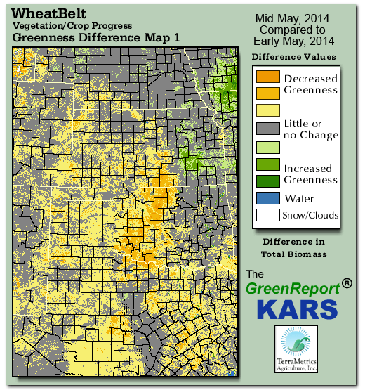 Color-coded Wheat Belt vegetation greeness index map for Period 20 of 2014, illustrating spatial variations in plant vigor, with greener tones indicating higher biomass and browner tones indicating stressed vegetation,
              comparing current crop/vegetation change in biomass to the previous week within the same year.