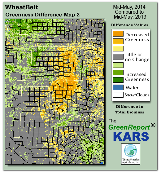 Color-coded Wheat Belt vegetation greeness index map for Period 20 of 2014, illustrating spatial variations in plant vigor, with greener tones indicating higher biomass and browner tones indicating stressed vegetation,
              comparing current crop/vegetation change in biomass to same period from the previous year.