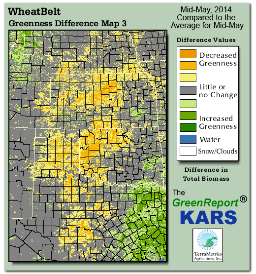 Color-coded Wheat Belt vegetation greeness index map for Period 20 of 2014, illustrating spatial variations in plant vigor, with greener tones indicating higher biomass and browner tones indicating stressed vegetation,
              comparing current crop/vegetation change in biomass to the 20-year greenness average.