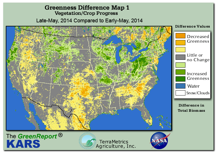 Color-coded U.S. vegetation greeness index map for Period 21 of 2014, illustrating spatial variations in plant vigor, with greener tones indicating higher biomass and browner tones indicating stressed vegetation,
              comparing current crop/vegetation change in biomass to the previous week within the same year.