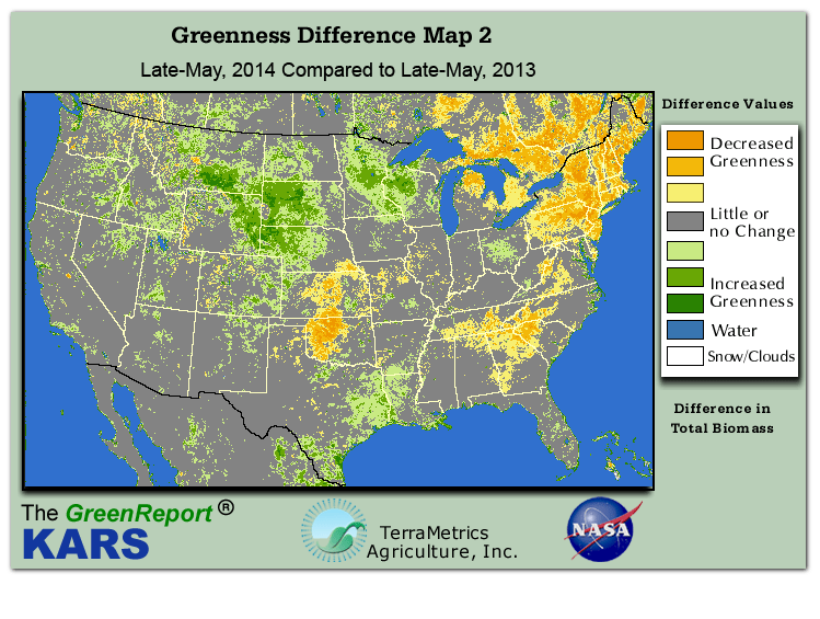 Color-coded U.S. vegetation greeness index map for Period 21 of 2014, illustrating spatial variations in plant vigor, with greener tones indicating higher biomass and browner tones indicating stressed vegetation,
              comparing current crop/vegetation change in biomass to same period from the previous year.