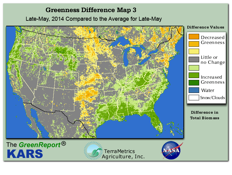 Color-coded U.S. vegetation greeness index map for Period 21 of 2014, illustrating spatial variations in plant vigor, with greener tones indicating higher biomass and browner tones indicating stressed vegetation,
              comparing current crop/vegetation change in biomass to the 20-year greenness average.