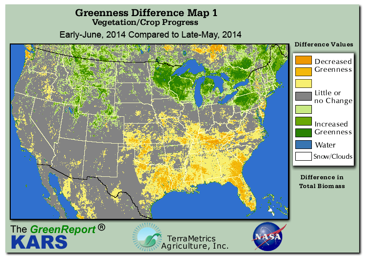 Color-coded U.S. vegetation greeness index map for Period 22 of 2014, illustrating spatial variations in plant vigor, with greener tones indicating higher biomass and browner tones indicating stressed vegetation,
              comparing current crop/vegetation change in biomass to the previous week within the same year.