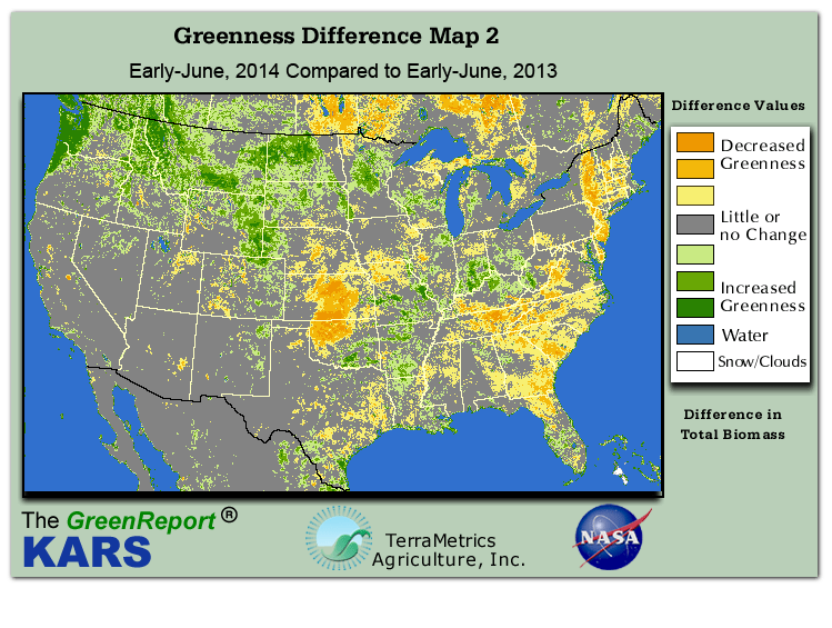 Color-coded U.S. vegetation greeness index map for Period 22 of 2014, illustrating spatial variations in plant vigor, with greener tones indicating higher biomass and browner tones indicating stressed vegetation,
              comparing current crop/vegetation change in biomass to same period from the previous year.