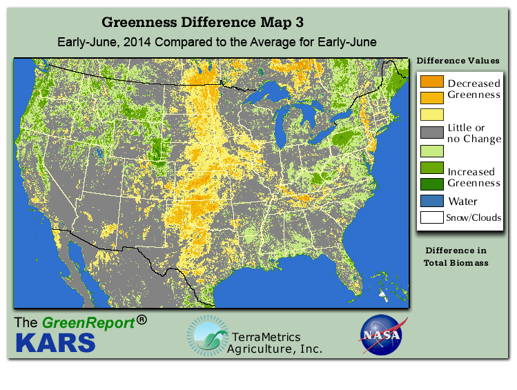 Color-coded U.S. vegetation greeness index map for Period 22 of 2014, illustrating spatial variations in plant vigor, with greener tones indicating higher biomass and browner tones indicating stressed vegetation,
              comparing current crop/vegetation change in biomass to the 20-year greenness average.