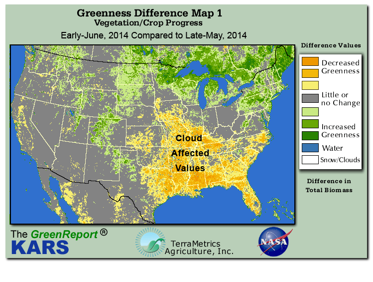 Color-coded U.S. vegetation greeness index map for Period 23 of 2014, illustrating spatial variations in plant vigor, with greener tones indicating higher biomass and browner tones indicating stressed vegetation,
              comparing current crop/vegetation change in biomass to the previous week within the same year.