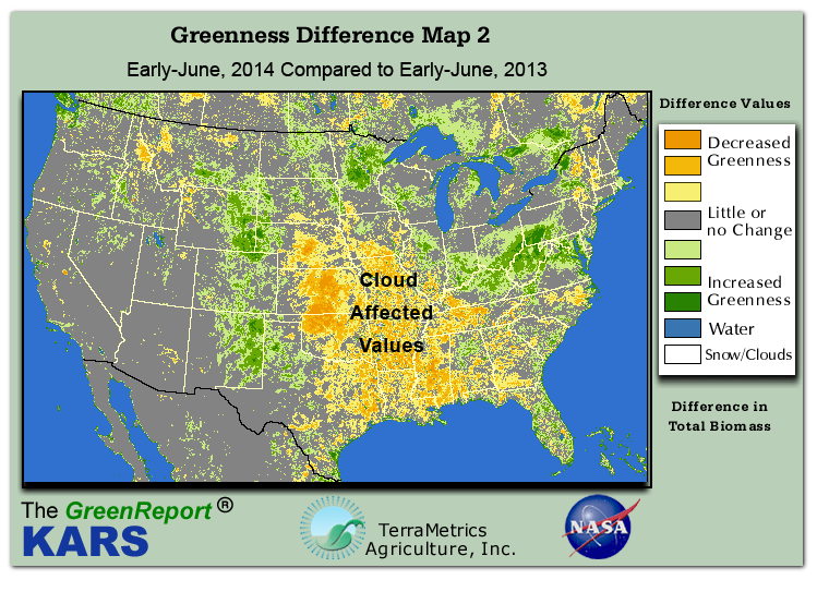 Color-coded U.S. vegetation greeness index map for Period 23 of 2014, illustrating spatial variations in plant vigor, with greener tones indicating higher biomass and browner tones indicating stressed vegetation,
              comparing current crop/vegetation change in biomass to same period from the previous year.