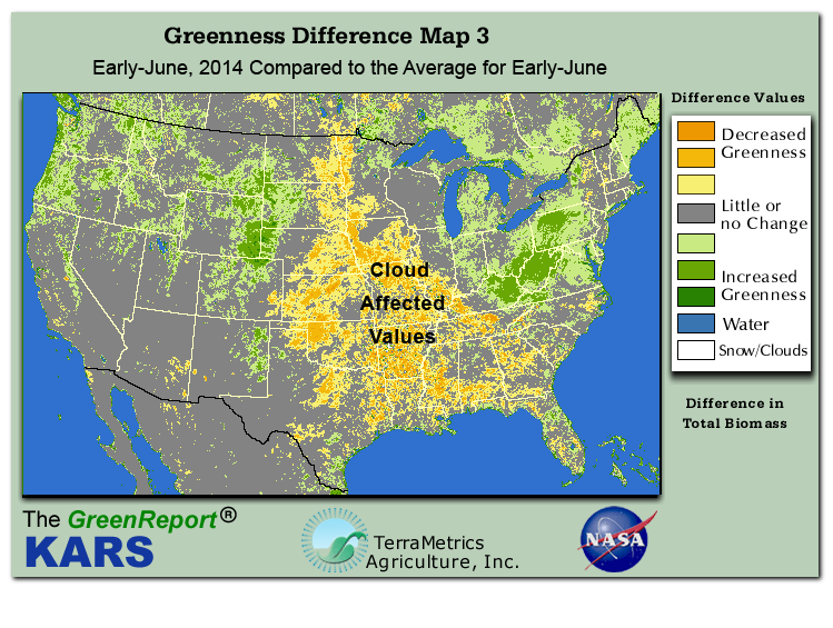 Color-coded U.S. vegetation greeness index map for Period 23 of 2014, illustrating spatial variations in plant vigor, with greener tones indicating higher biomass and browner tones indicating stressed vegetation,
              comparing current crop/vegetation change in biomass to the 20-year greenness average.
