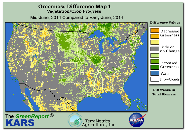 Color-coded U.S. vegetation greeness index map for Period 24 of 2014, illustrating spatial variations in plant vigor, with greener tones indicating higher biomass and browner tones indicating stressed vegetation,
              comparing current crop/vegetation change in biomass to the previous week within the same year.