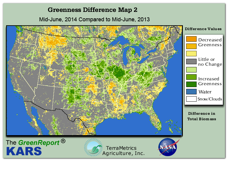 Color-coded U.S. vegetation greeness index map for Period 24 of 2014, illustrating spatial variations in plant vigor, with greener tones indicating higher biomass and browner tones indicating stressed vegetation,
              comparing current crop/vegetation change in biomass to same period from the previous year.