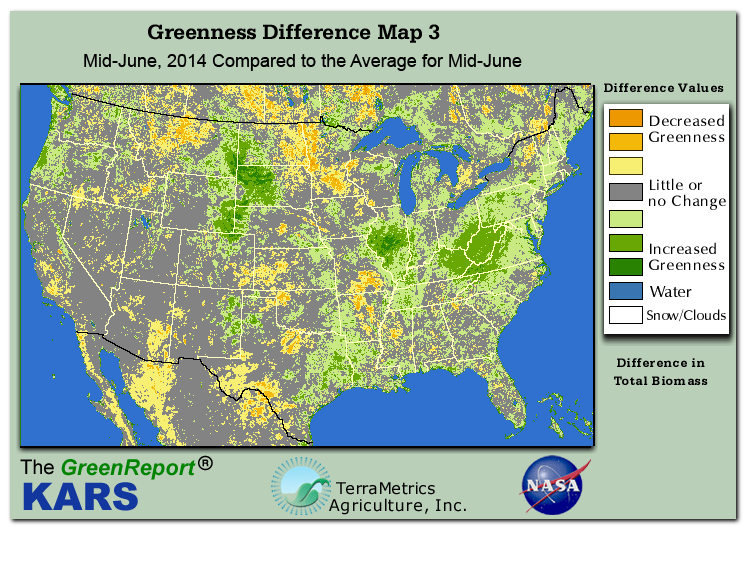 Color-coded U.S. vegetation greeness index map for Period 24 of 2014, illustrating spatial variations in plant vigor, with greener tones indicating higher biomass and browner tones indicating stressed vegetation,
              comparing current crop/vegetation change in biomass to the 20-year greenness average.