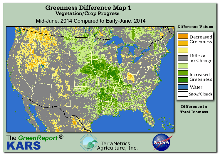 Color-coded U.S. vegetation greeness index map for Period 25 of 2014, illustrating spatial variations in plant vigor, with greener tones indicating higher biomass and browner tones indicating stressed vegetation,
              comparing current crop/vegetation change in biomass to the previous week within the same year.