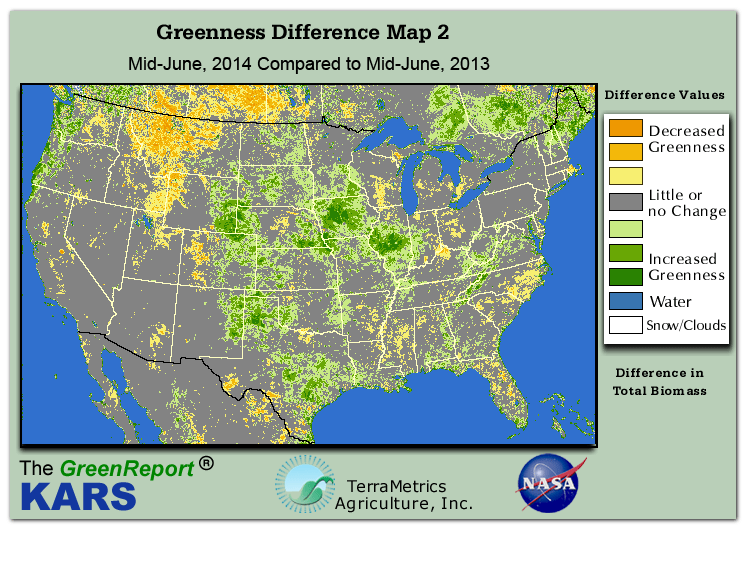 Color-coded U.S. vegetation greeness index map for Period 25 of 2014, illustrating spatial variations in plant vigor, with greener tones indicating higher biomass and browner tones indicating stressed vegetation,
              comparing current crop/vegetation change in biomass to same period from the previous year.