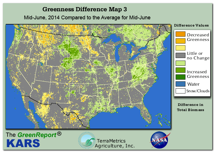 Color-coded U.S. vegetation greeness index map for Period 25 of 2014, illustrating spatial variations in plant vigor, with greener tones indicating higher biomass and browner tones indicating stressed vegetation,
              comparing current crop/vegetation change in biomass to the 20-year greenness average.