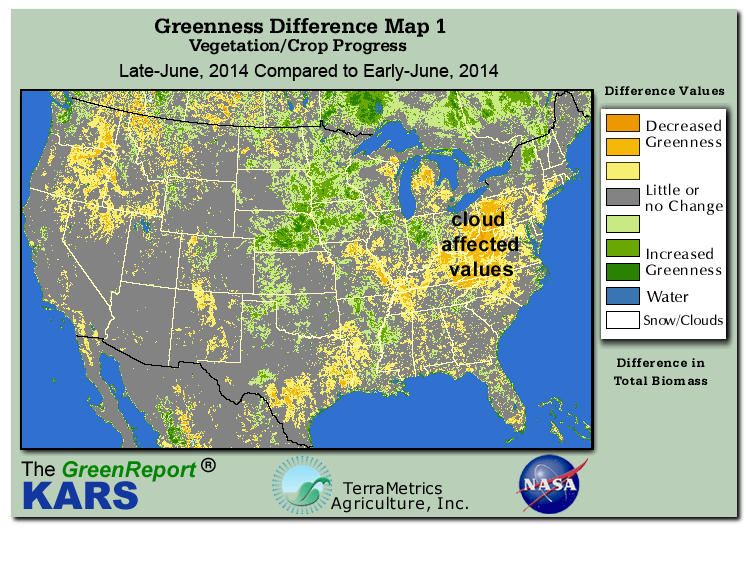 Color-coded U.S. vegetation greeness index map for Period 26 of 2014, illustrating spatial variations in plant vigor, with greener tones indicating higher biomass and browner tones indicating stressed vegetation,
              comparing current crop/vegetation change in biomass to the previous week within the same year.
