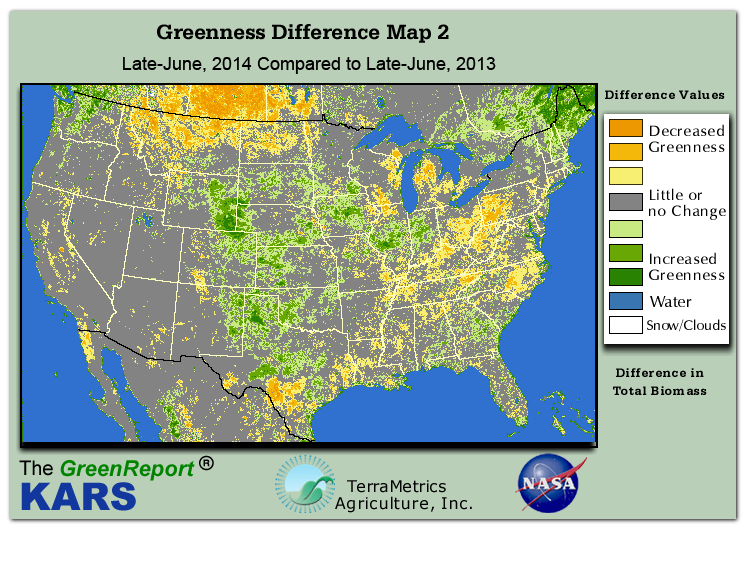 Color-coded U.S. vegetation greeness index map for Period 26 of 2014, illustrating spatial variations in plant vigor, with greener tones indicating higher biomass and browner tones indicating stressed vegetation,
              comparing current crop/vegetation change in biomass to same period from the previous year.