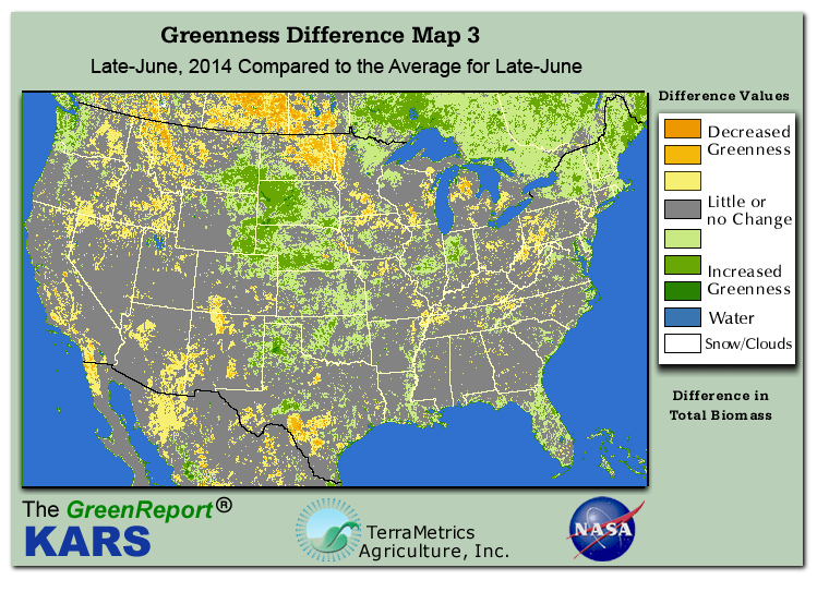 Color-coded U.S. vegetation greeness index map for Period 26 of 2014, illustrating spatial variations in plant vigor, with greener tones indicating higher biomass and browner tones indicating stressed vegetation,
              comparing current crop/vegetation change in biomass to the 20-year greenness average.