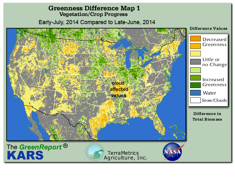 Color-coded U.S. vegetation greeness index map for Period 27 of 2014, illustrating spatial variations in plant vigor, with greener tones indicating higher biomass and browner tones indicating stressed vegetation,
              comparing current crop/vegetation change in biomass to the previous week within the same year.