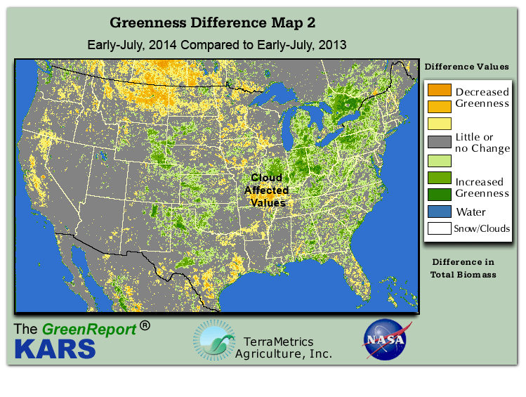 Color-coded U.S. vegetation greeness index map for Period 27 of 2014, illustrating spatial variations in plant vigor, with greener tones indicating higher biomass and browner tones indicating stressed vegetation,
              comparing current crop/vegetation change in biomass to same period from the previous year.