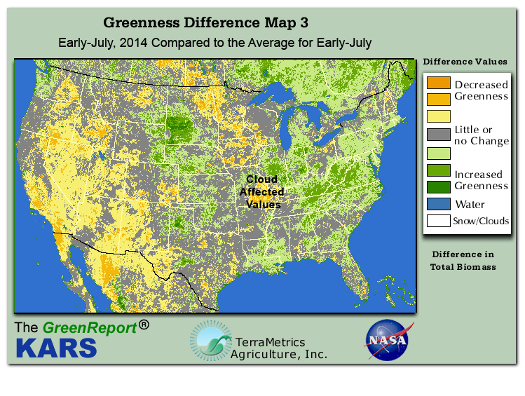 Color-coded U.S. vegetation greeness index map for Period 27 of 2014, illustrating spatial variations in plant vigor, with greener tones indicating higher biomass and browner tones indicating stressed vegetation,
              comparing current crop/vegetation change in biomass to the 20-year greenness average.