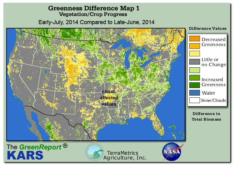 Color-coded U.S. vegetation greeness index map for Period 28 of 2014, illustrating spatial variations in plant vigor, with greener tones indicating higher biomass and browner tones indicating stressed vegetation,
              comparing current crop/vegetation change in biomass to the previous week within the same year.