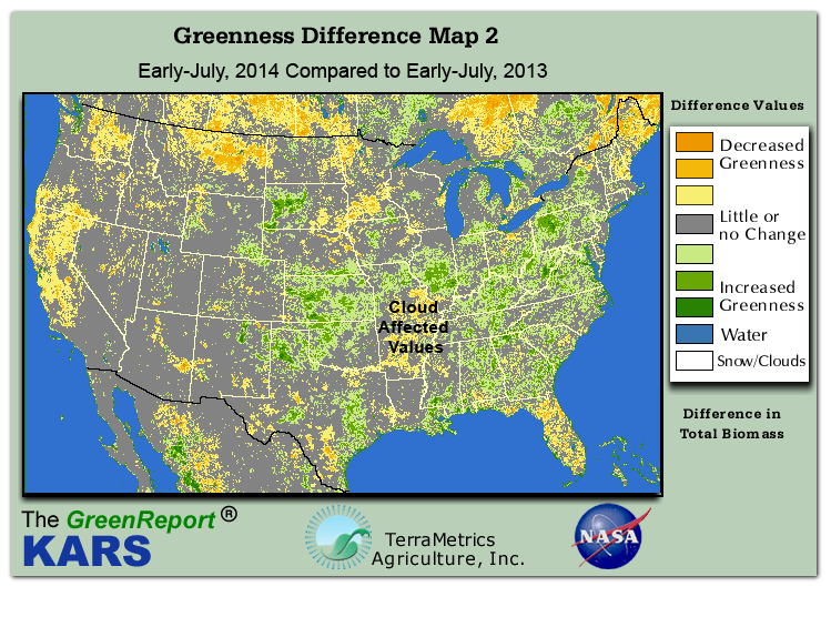 Color-coded U.S. vegetation greeness index map for Period 28 of 2014, illustrating spatial variations in plant vigor, with greener tones indicating higher biomass and browner tones indicating stressed vegetation,
              comparing current crop/vegetation change in biomass to same period from the previous year.