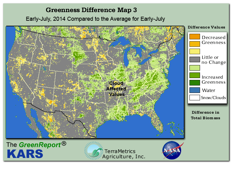 Color-coded U.S. vegetation greeness index map for Period 28 of 2014, illustrating spatial variations in plant vigor, with greener tones indicating higher biomass and browner tones indicating stressed vegetation,
              comparing current crop/vegetation change in biomass to the 20-year greenness average.