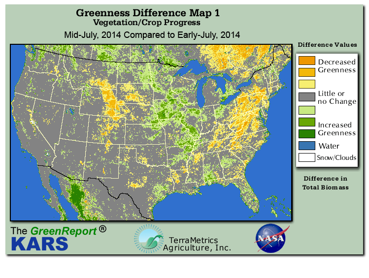 Color-coded U.S. vegetation greeness index map for Period 29 of 2014, illustrating spatial variations in plant vigor, with greener tones indicating higher biomass and browner tones indicating stressed vegetation,
              comparing current crop/vegetation change in biomass to the previous week within the same year.