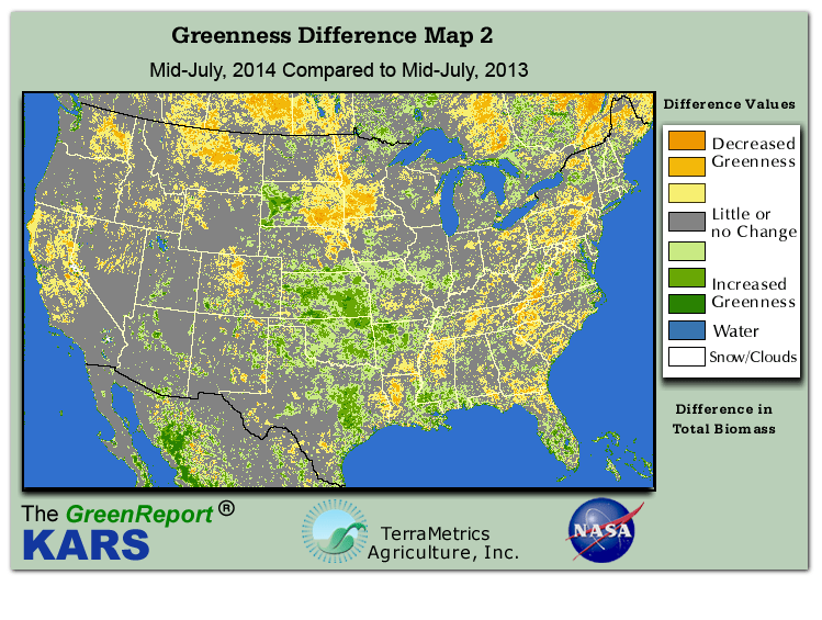 Color-coded U.S. vegetation greeness index map for Period 29 of 2014, illustrating spatial variations in plant vigor, with greener tones indicating higher biomass and browner tones indicating stressed vegetation,
              comparing current crop/vegetation change in biomass to same period from the previous year.