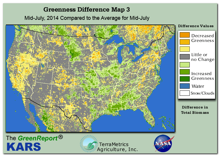 Color-coded U.S. vegetation greeness index map for Period 29 of 2014, illustrating spatial variations in plant vigor, with greener tones indicating higher biomass and browner tones indicating stressed vegetation,
              comparing current crop/vegetation change in biomass to the 20-year greenness average.
