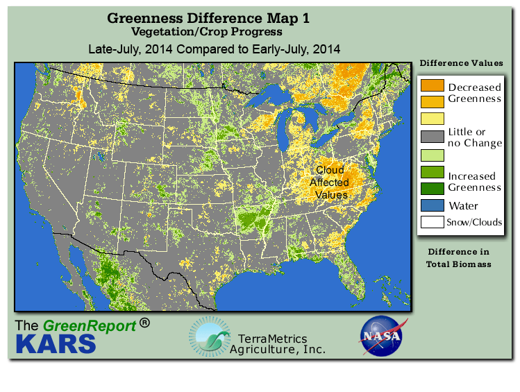 Color-coded U.S. vegetation greeness index map for Period 30 of 2014, illustrating spatial variations in plant vigor, with greener tones indicating higher biomass and browner tones indicating stressed vegetation,
              comparing current crop/vegetation change in biomass to the previous week within the same year.