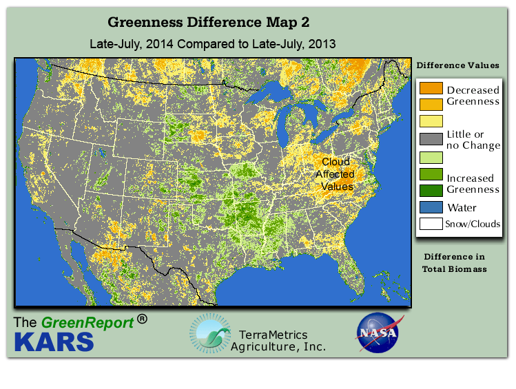 Color-coded U.S. vegetation greeness index map for Period 30 of 2014, illustrating spatial variations in plant vigor, with greener tones indicating higher biomass and browner tones indicating stressed vegetation,
              comparing current crop/vegetation change in biomass to same period from the previous year.