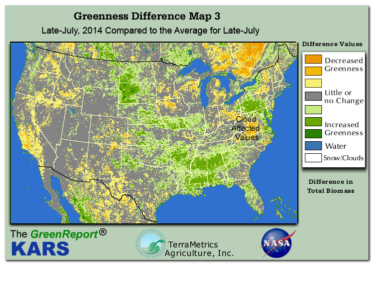Color-coded U.S. vegetation greeness index map for Period 30 of 2014, illustrating spatial variations in plant vigor, with greener tones indicating higher biomass and browner tones indicating stressed vegetation,
              comparing current crop/vegetation change in biomass to the 20-year greenness average.
