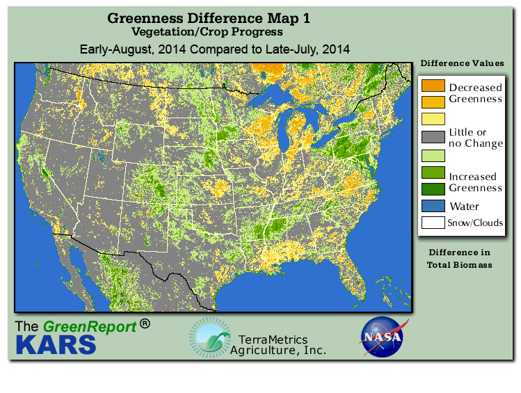 Color-coded U.S. vegetation greeness index map for Period 31 of 2014, illustrating spatial variations in plant vigor, with greener tones indicating higher biomass and browner tones indicating stressed vegetation,
              comparing current crop/vegetation change in biomass to the previous week within the same year.