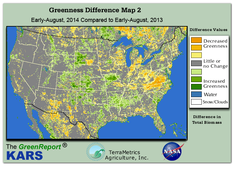 Color-coded U.S. vegetation greeness index map for Period 31 of 2014, illustrating spatial variations in plant vigor, with greener tones indicating higher biomass and browner tones indicating stressed vegetation,
              comparing current crop/vegetation change in biomass to same period from the previous year.