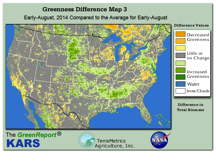 Color-coded U.S. vegetation greeness index map for Period 31 of 2014, illustrating spatial variations in plant vigor, with greener tones indicating higher biomass and browner tones indicating stressed vegetation,
              comparing current crop/vegetation change in biomass to the 20-year greenness average.