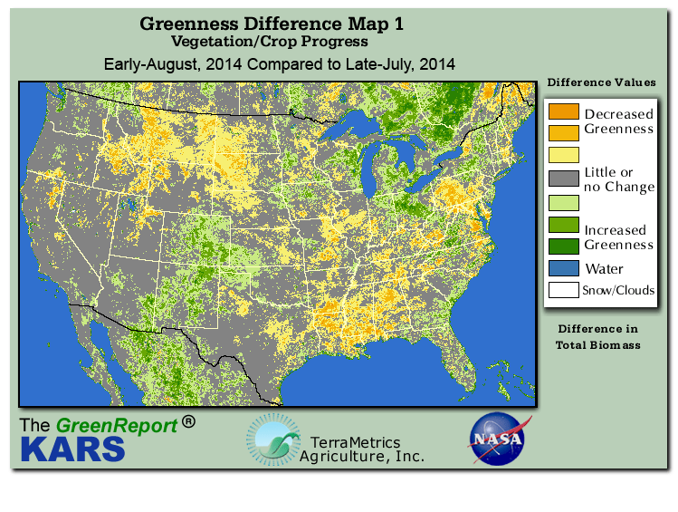 Color-coded U.S. vegetation greeness index map for Period 32 of 2014, illustrating spatial variations in plant vigor, with greener tones indicating higher biomass and browner tones indicating stressed vegetation,
              comparing current crop/vegetation change in biomass to the previous week within the same year.
