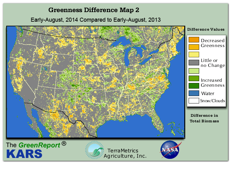 Color-coded U.S. vegetation greeness index map for Period 32 of 2014, illustrating spatial variations in plant vigor, with greener tones indicating higher biomass and browner tones indicating stressed vegetation,
              comparing current crop/vegetation change in biomass to same period from the previous year.