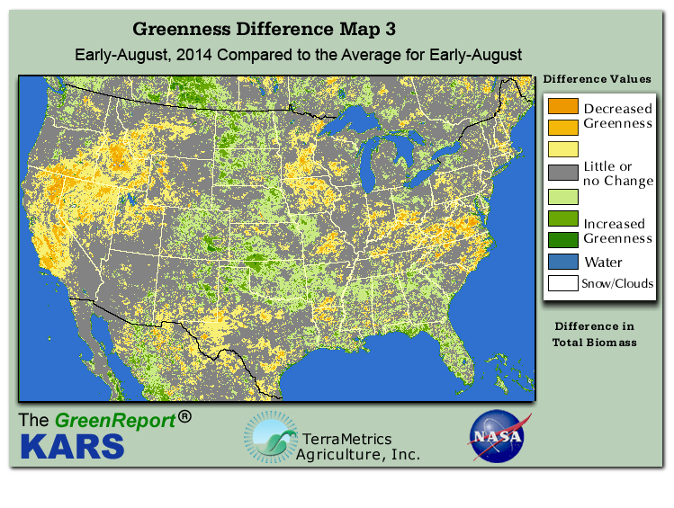 Color-coded U.S. vegetation greeness index map for Period 32 of 2014, illustrating spatial variations in plant vigor, with greener tones indicating higher biomass and browner tones indicating stressed vegetation,
              comparing current crop/vegetation change in biomass to the 20-year greenness average.