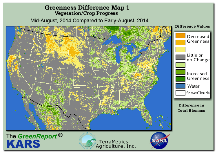 Color-coded U.S. vegetation greeness index map for Period 33 of 2014, illustrating spatial variations in plant vigor, with greener tones indicating higher biomass and browner tones indicating stressed vegetation,
              comparing current crop/vegetation change in biomass to the previous week within the same year.