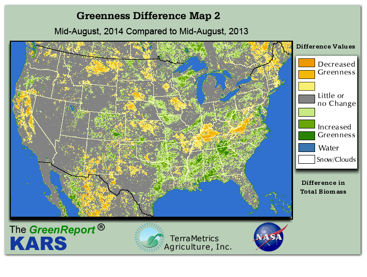 Color-coded U.S. vegetation greeness index map for Period 33 of 2014, illustrating spatial variations in plant vigor, with greener tones indicating higher biomass and browner tones indicating stressed vegetation,
              comparing current crop/vegetation change in biomass to same period from the previous year.
