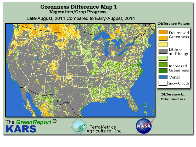 Color-coded U.S. vegetation greeness index map for Period 34 of 2014, illustrating spatial variations in plant vigor, with greener tones indicating higher biomass and browner tones indicating stressed vegetation,
              comparing current crop/vegetation change in biomass to the previous week within the same year.